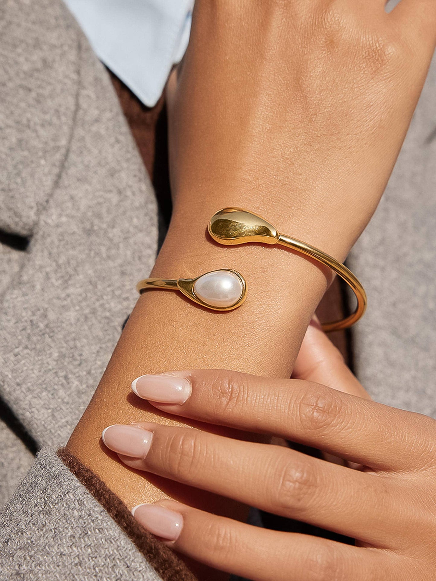 Harbor 18K Gold Non-Tarnish Open Cuff Stone Bracelet
