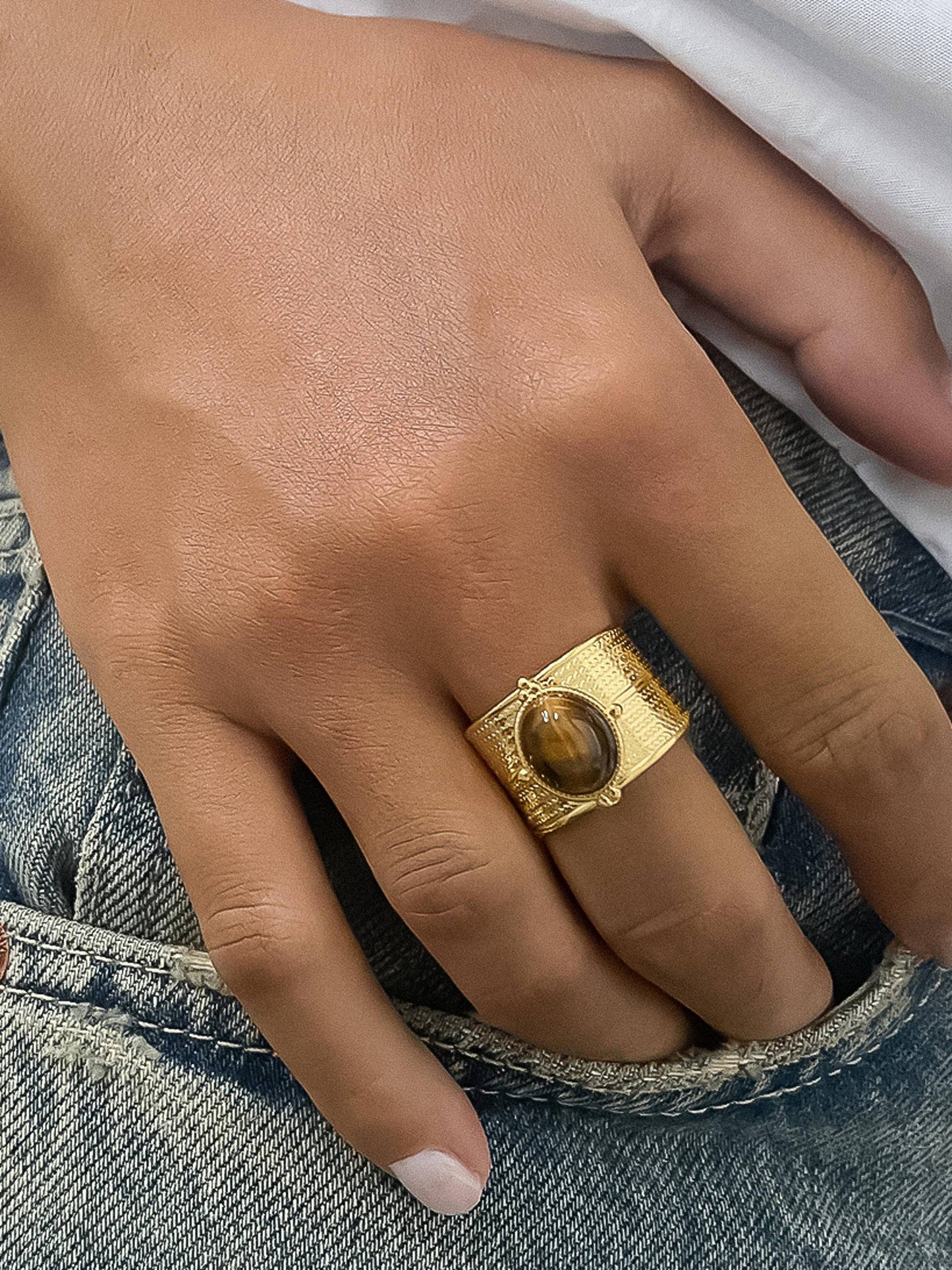 Oasis 18K Gold Non-Tarnish Stone Bold Adjustable Ring